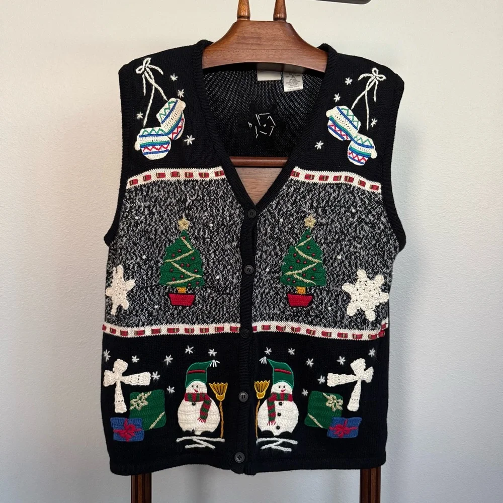VTG Bobbie Brooks Black and White Christmas Sweater XL Vest